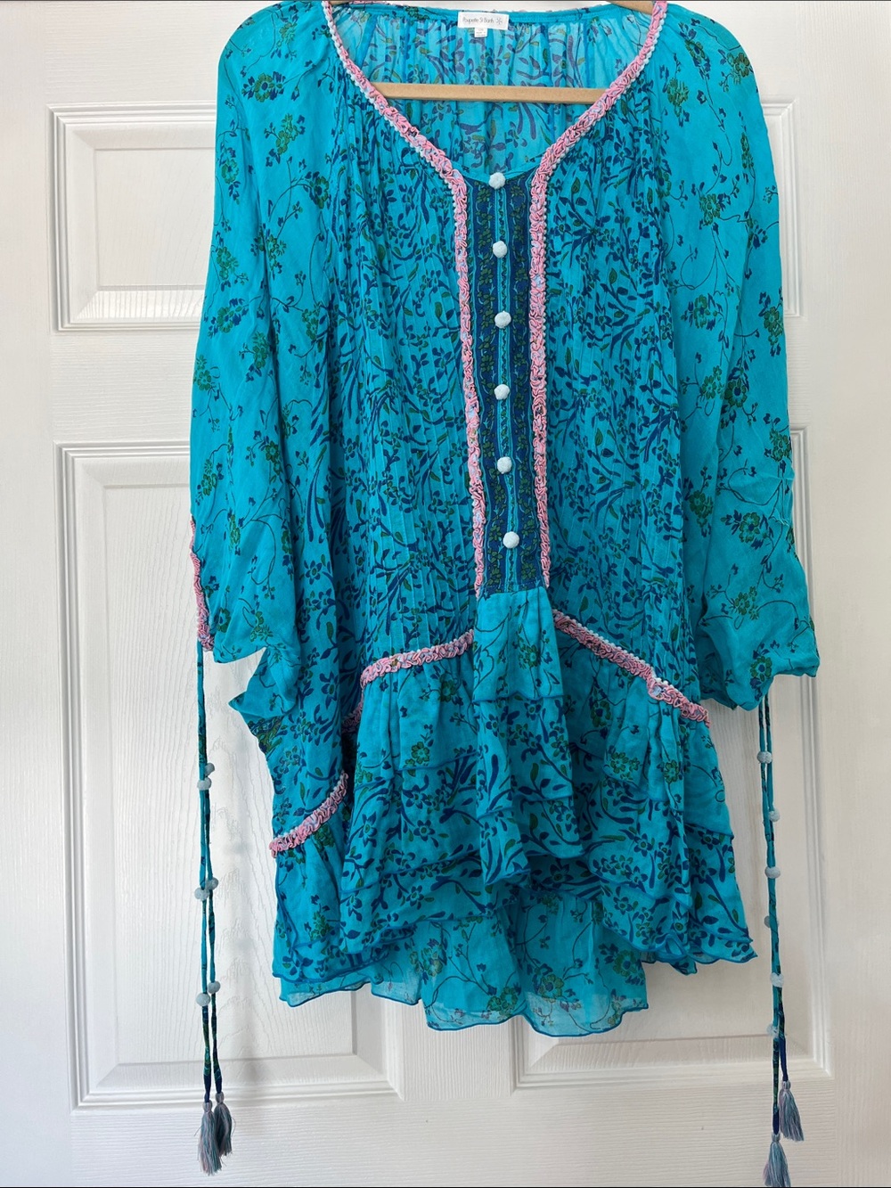 Poupette St. Barth Turquoise Floral Peasant Tunic with Pink Trim
